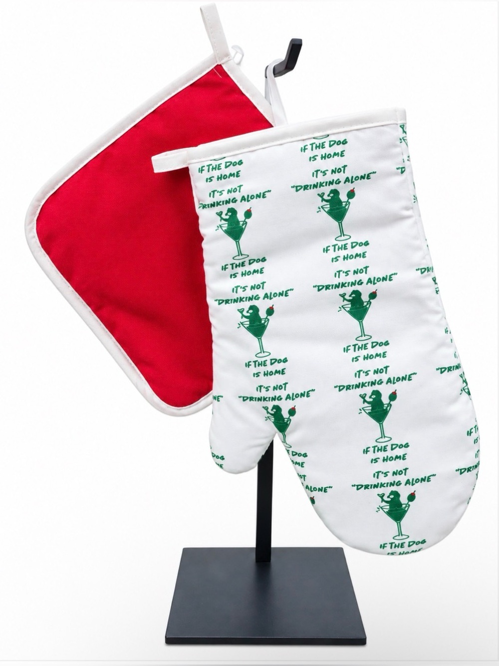 Dachshund Dog-Themed “Not Drinking Alone” - Oven Mitt + Pot Holder Set